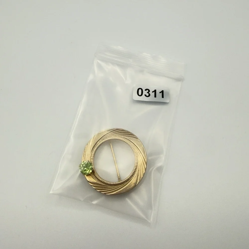 Vintage Gold Tone Swirl Circle Brooch Green Rhinestone Mid Century Pin